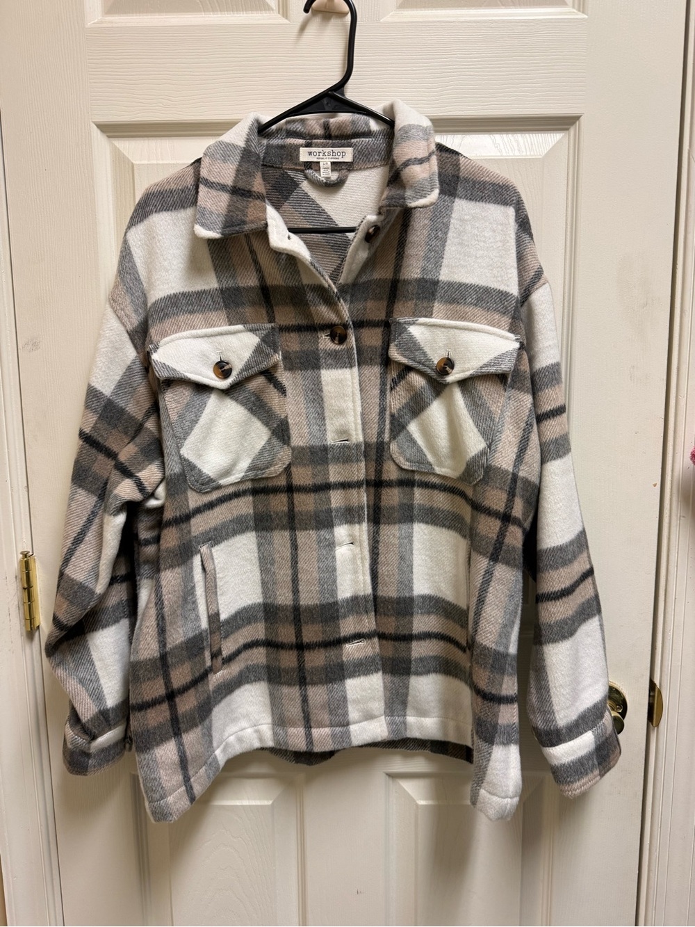 Workshop Republic Clothing Plaid Shacket in Cream, Taupe & Gray